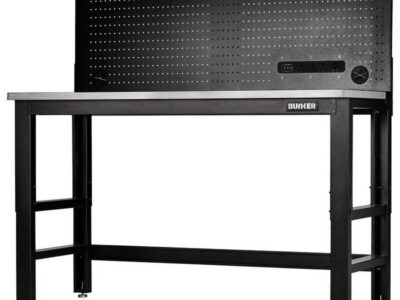 BUNKER Werkbank, in hoogte verstelbaar, met roestvrijstalen werkblad en achterwand, 155cm