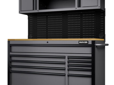 BUNKER Gereedschapswagen/werkbank met achterwand, 142cm, lichtgrijs